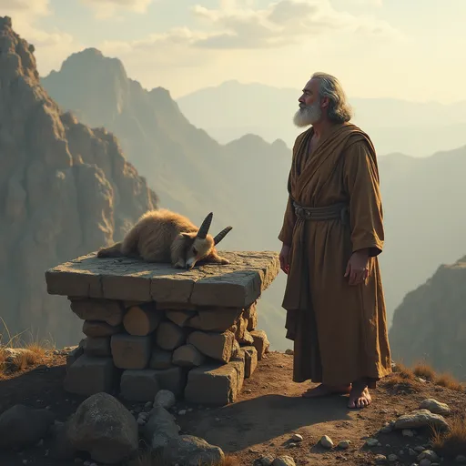 Prompt: Old Testament Abraham old age with grey hair and long beard, on a mountain top,  looking up towards the sky, standing by a large altar of stone with wood pieces  and a dead goat laying on it's side on top, photorealistic 
