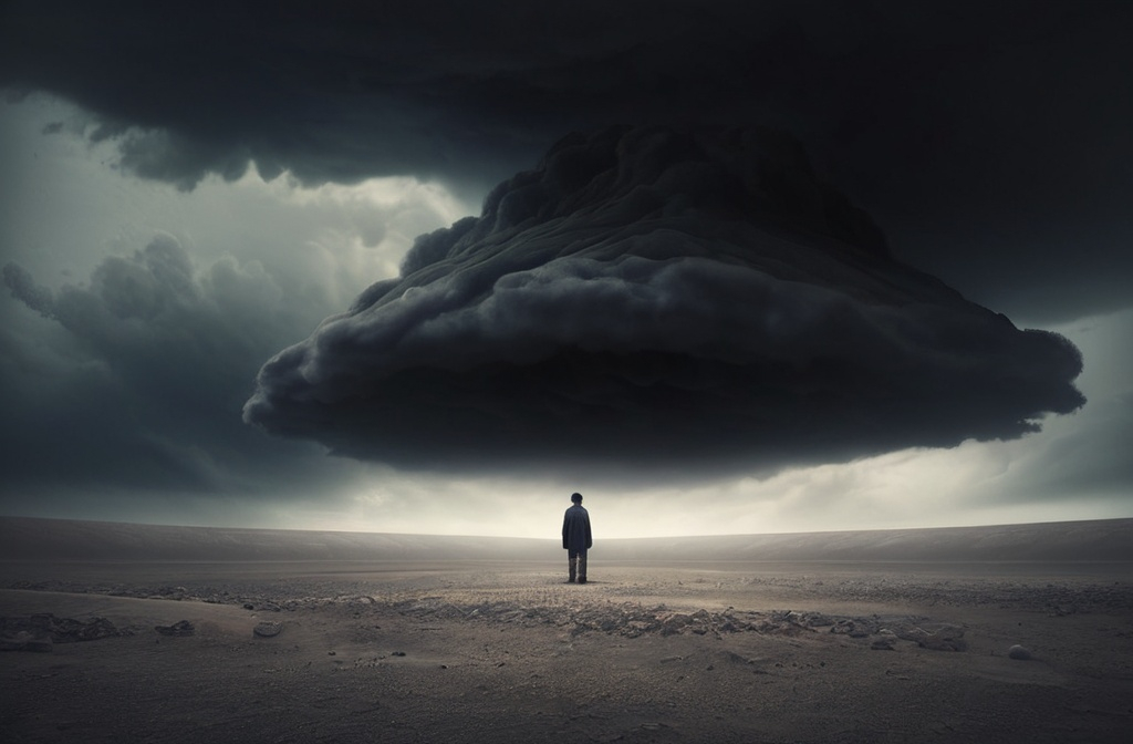 Prompt: a person standing in a barren landscape with a dark  cloud hovering above them. 