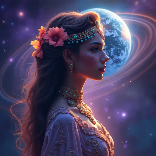 Prompt: A majestic figure stands poised against a cosmic backdrop, her profile illuminated by vibrant hues of purple, blue, and gold. Adorned with intricately designed jewelry that glints with turquoise and celestial motifs, her long, flowing hair is decorated with bright flowers, enhancing her ethereal beauty. The background is a breathtaking tapestry of stars and swirling galaxies, with an Earth-like planet prominently featured, radiating a striking glow. The rich color palette, combined with the opulent detailing of her attire, creates a sense of grandeur and mystery, weaving a narrative of cosmic royalty and wonder in a dreamlike realm.
