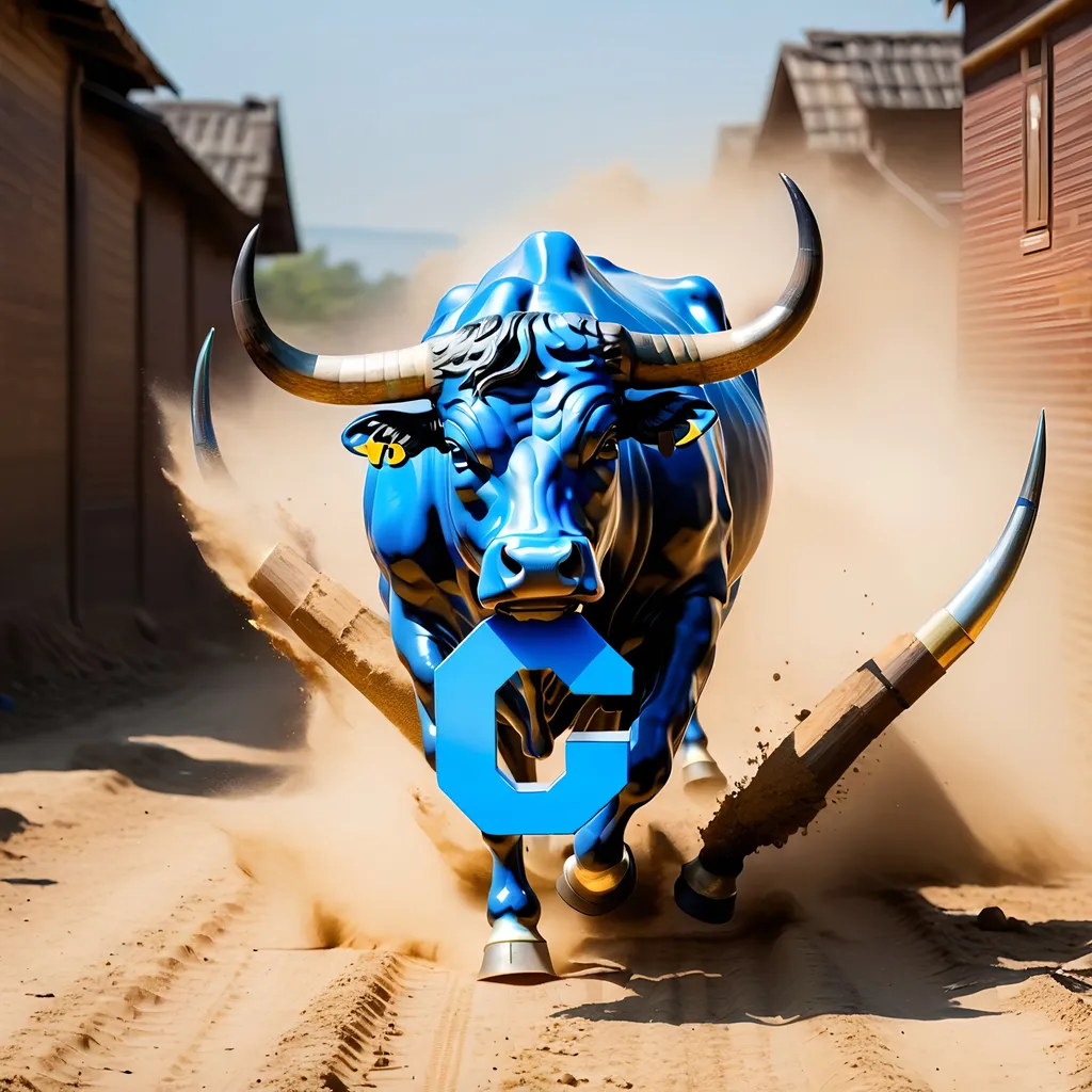 Prompt: Crypto bull run with blue C symbol on head