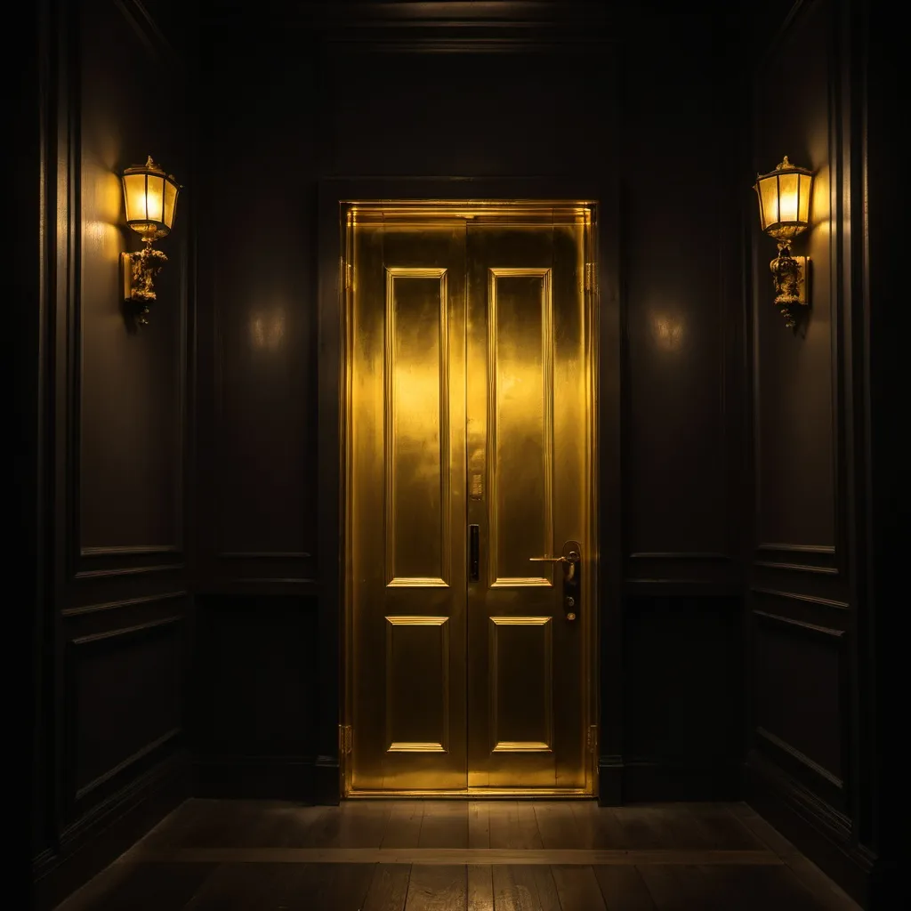 Prompt: A lamp is standing beside  golden door - in a distanced perspective (dark surroundings)