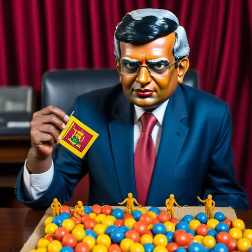 Prompt: greedy corrupt politician trying to win presidential election and toy with sri lanka