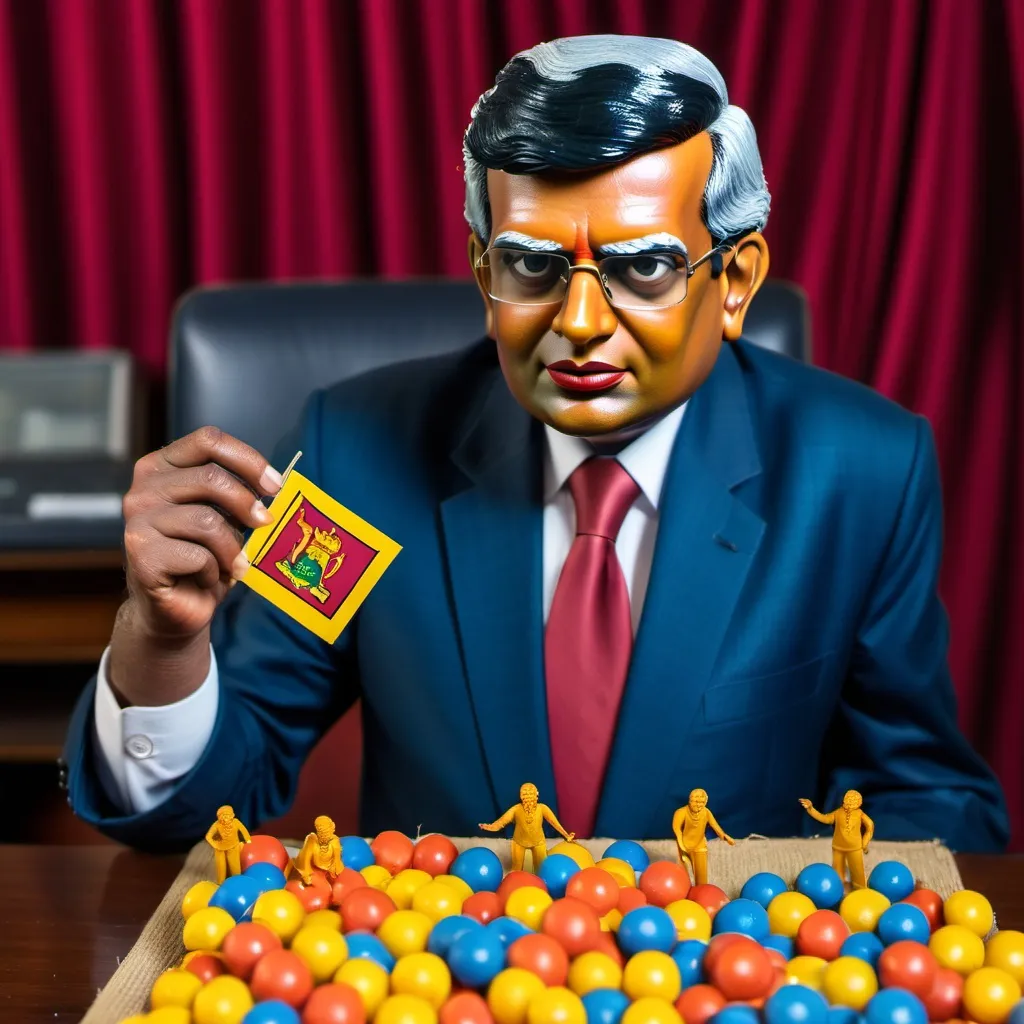 Prompt: greedy corrupt politician trying to win presidential election and toy with sri lanka