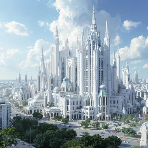 Prompt: A city with enormous bright and white buildings in the style of arthur skizhali-weiss
