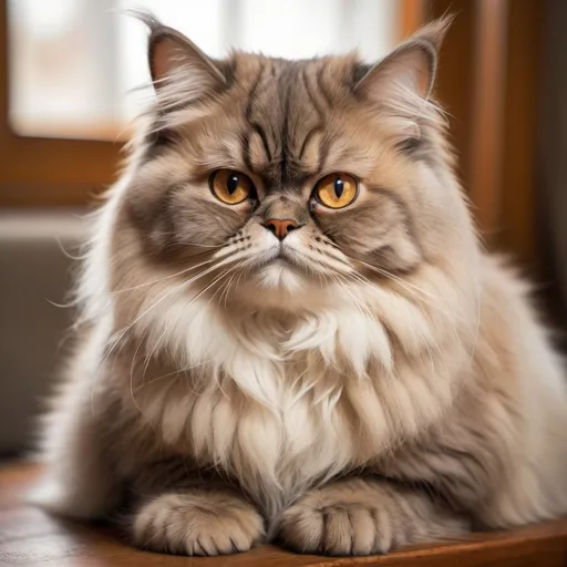 Prompt: Persian cat (lush brown fur), serene expression, fluffy coat, bright amber eyes, soft whiskers, sitting gracefully, warm and cozy ambiance, natural light illuminating the fur, ultra-detailed, vibrant focus on textures, peaceful and inviting atmosphere, beautifully blurred background suggesting a home setting.
