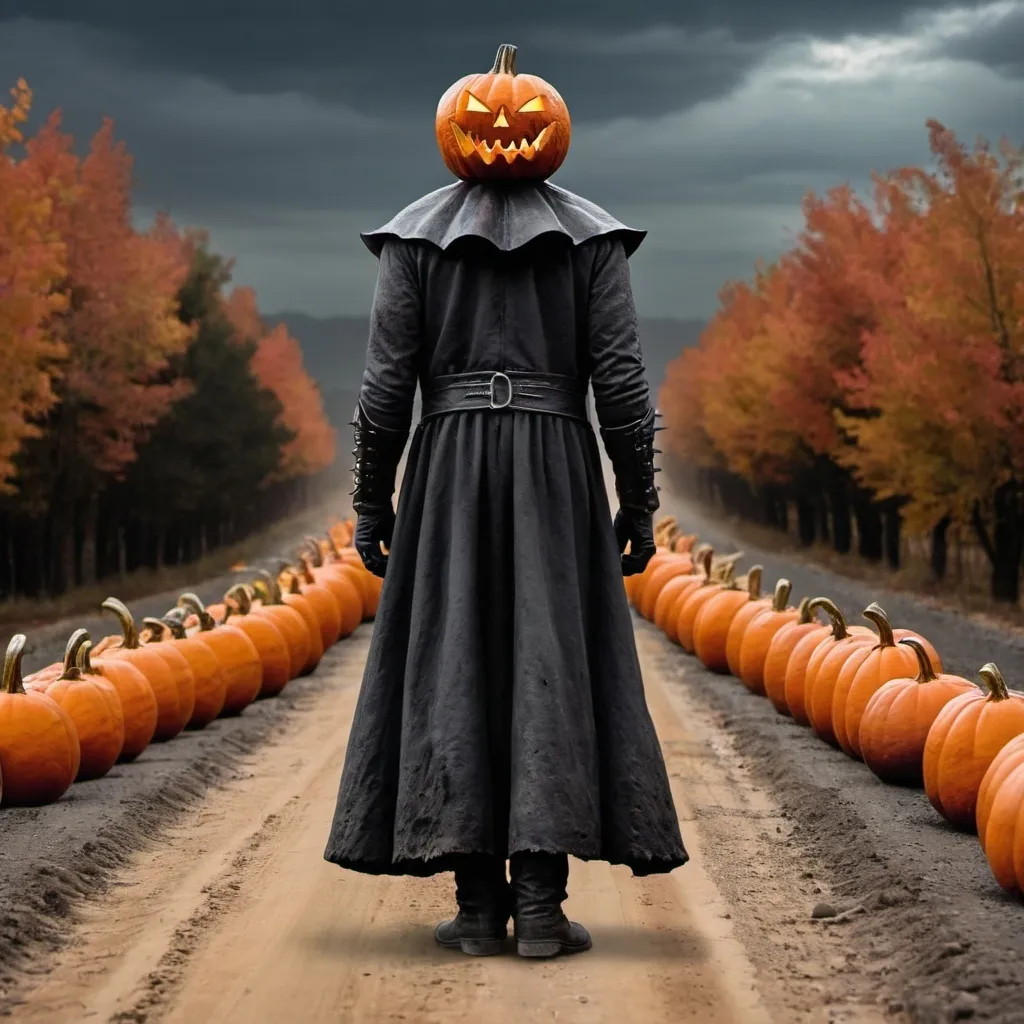 Prompt: A close up headless horseman on a dirt road with a pumpkin head and his head in his  hands 