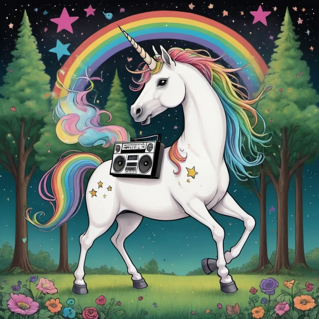 Prompt: A unicorn with a boom box. Hair flowing  rainbows a sacred grove.  With unicorn love on it by Mungkie Bonez. Trees stars star dust 