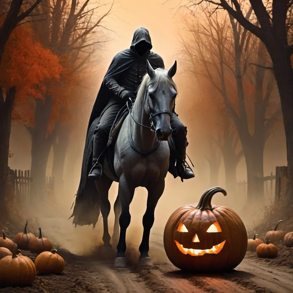 Prompt: A close up headless horseman on a dirt road with a pumpkin head and his head in his  hands 