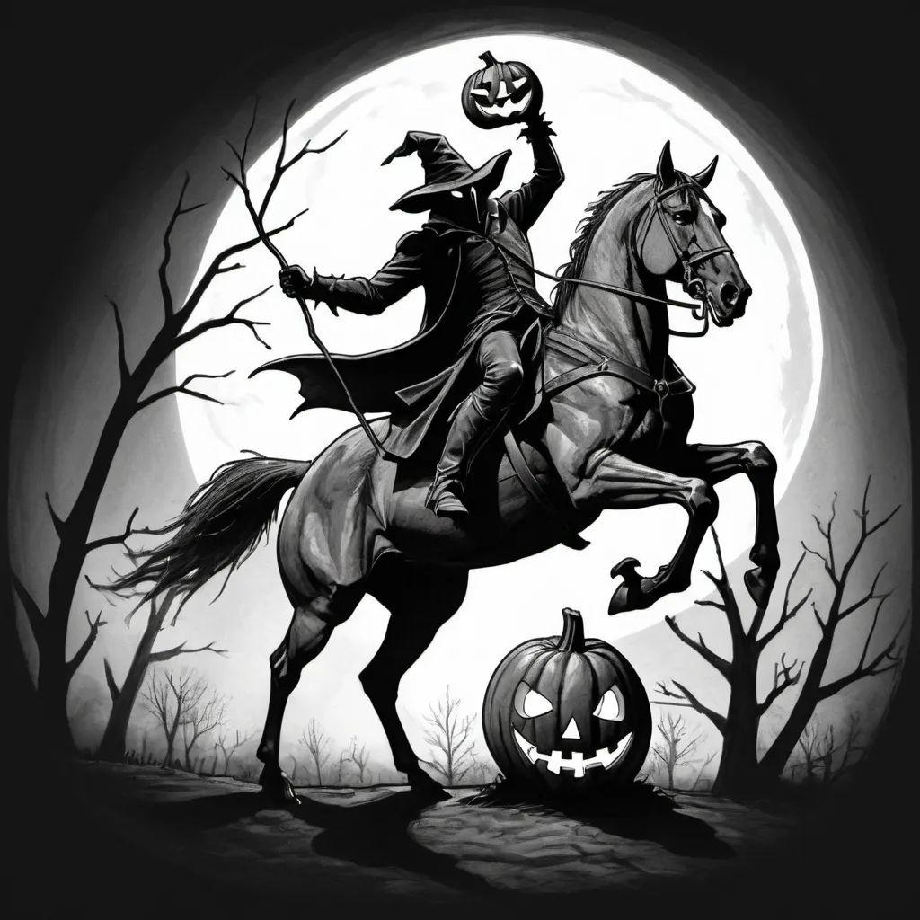 Prompt: A sketch of a headless horseman with horse rearing up holding a jack o lantern up high on his hand 