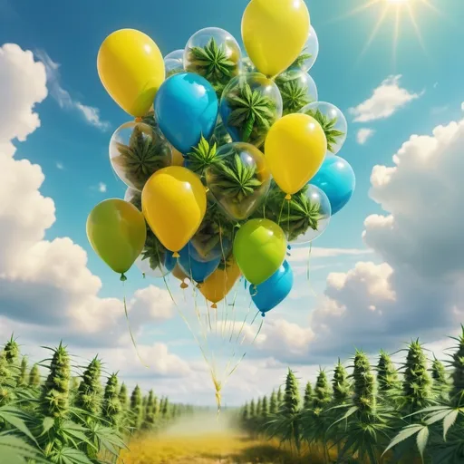 Prompt: High on clouds never coming down some ring balloons carry us around cannabis buds everywhere 
