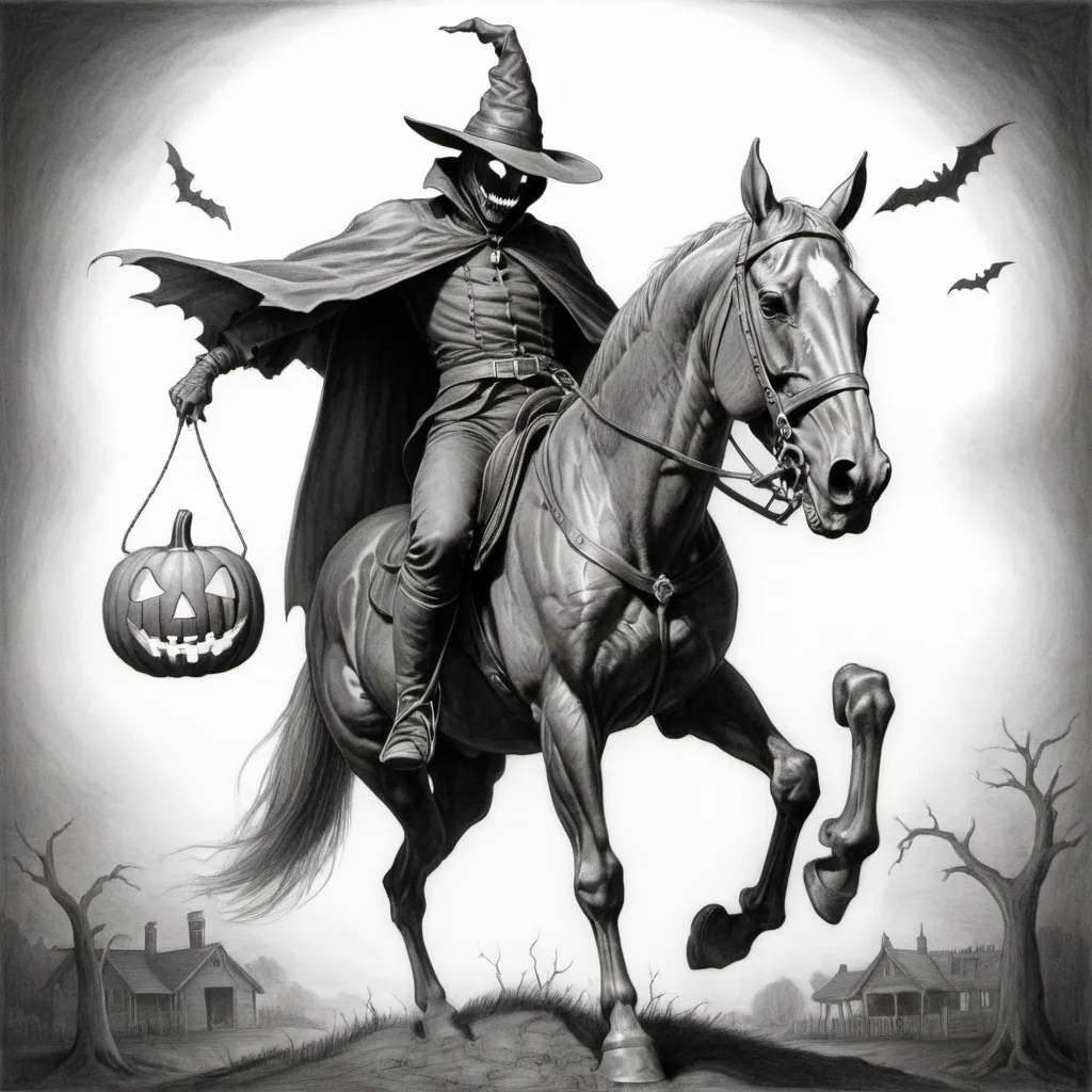 Prompt: Pencil drawing   of a headless horseman without a head or a hat  and a horse rearing up holding a jack o lantern up high on his hand 