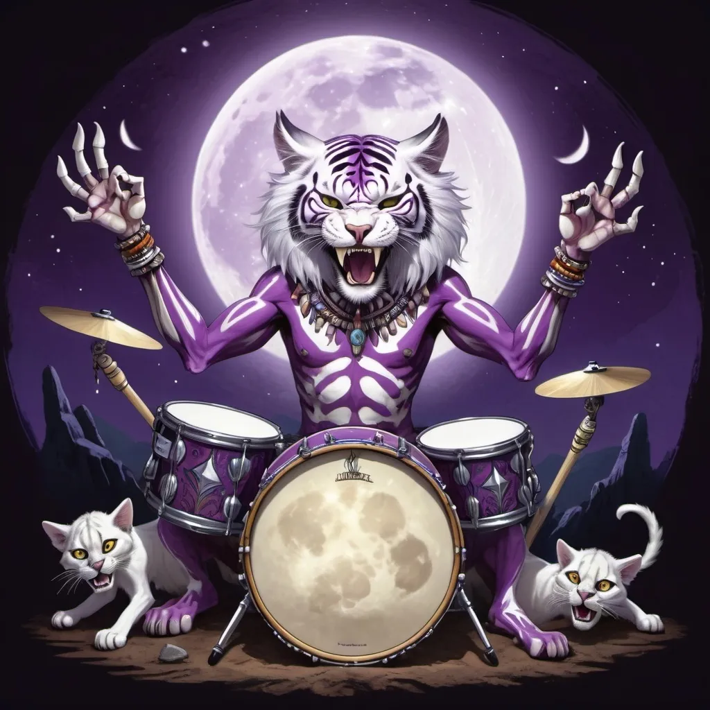 Prompt: A cat with a a purple saber tooth tiger skull white main named Mungkie Bonez playing the drums with femur bones in a tribal circle rocking out in the moonlight 