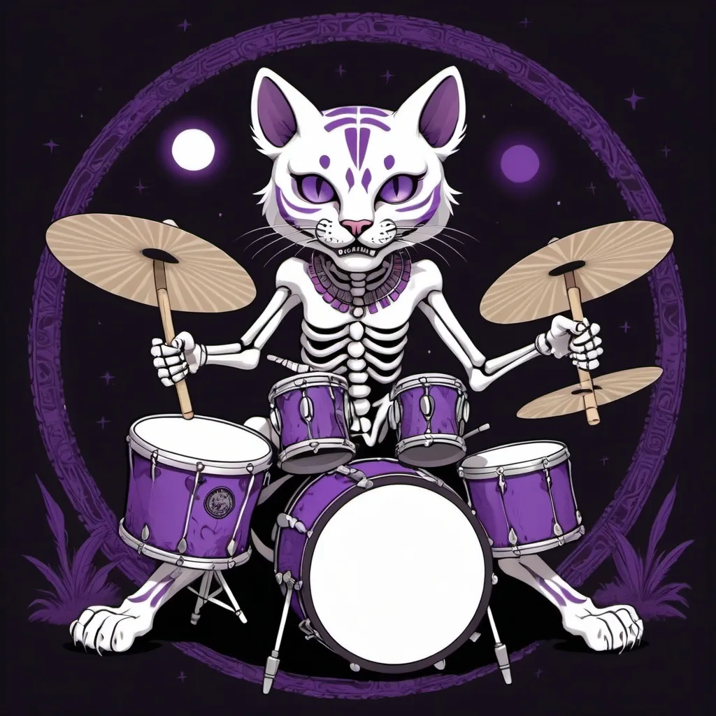 Prompt: A cat with a a purple saber tooth tiger skull white main named Mungkie Bonez playing the drums with femur bones in a tribal circle rocking out in the moonlight 