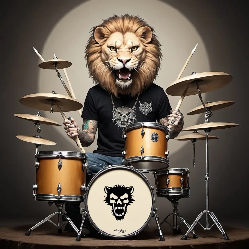 Prompt: I am mungkie bonez a cat with a sabertoothed lion skull for a mask tattoo machine in my pocket drumsticks in my hands sitting behind a drum set made of skulls