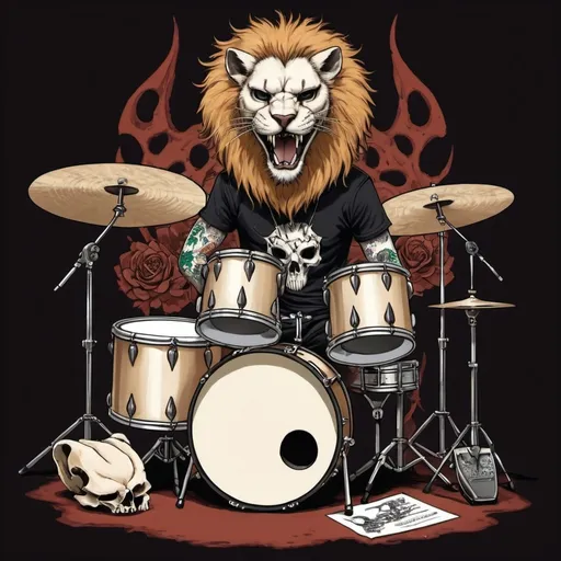 Prompt: I am mungkie bonez a cat with a sabertoothed lion skull for a mask tattoo machine in my pocket drumsticks in my hands sitting behind a drum set made of skulls