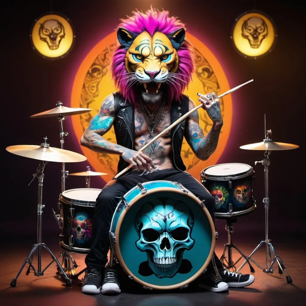 Prompt: I am mungkie bonez a cat with a sabertoothed lion skull for a mask tattoo machine in my pocket drumsticks in my hands sitting behind a drum set made of skulls