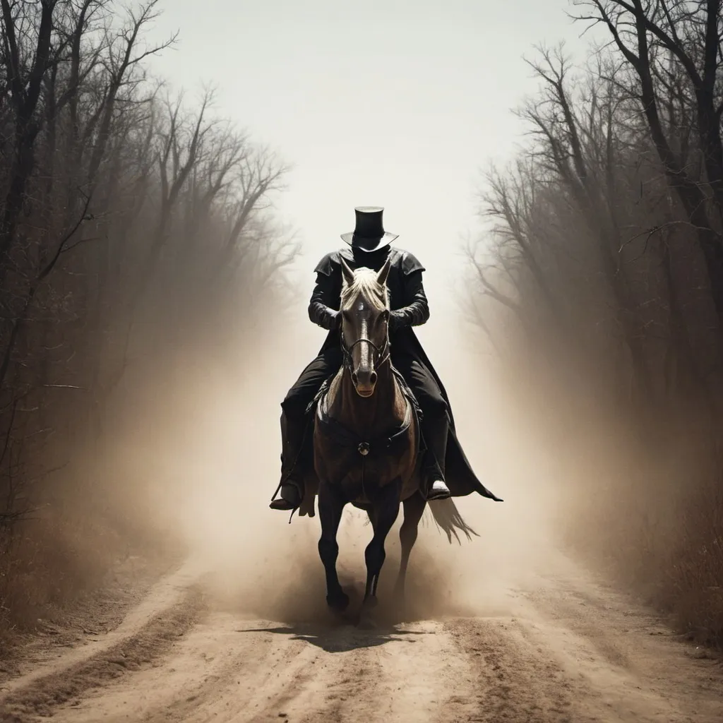 Prompt: A headless horseman on a dirt road 