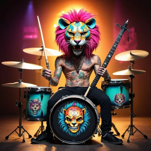 Prompt: I am mungkie bonez a cat with a sabertoothed lion skull for a mask tattoo machine in my pocket drumsticks in my hands sitting behind a drum set made of skulls