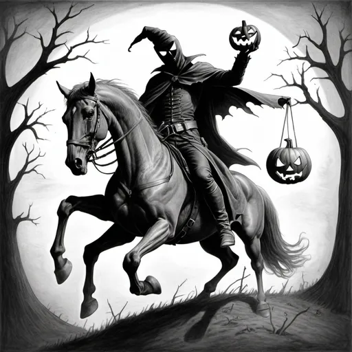 Prompt: Pencil drawing   of a headless horseman without a head or a hat  and a horse rearing up holding a jack o lantern up high on his hand 