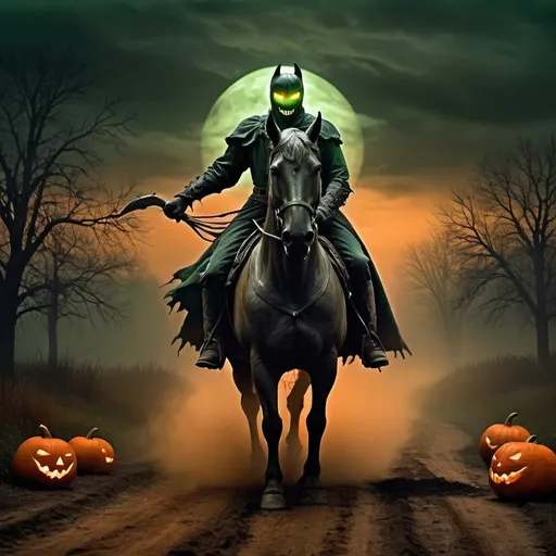 Prompt: A close up headless horseman on a dirt road with a pumpkin head and his head in his  hands 