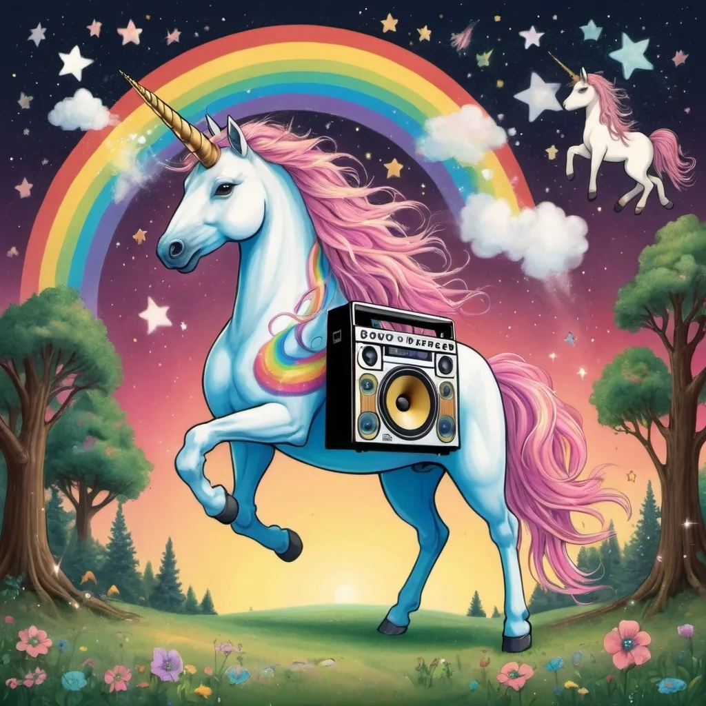 Prompt: A unicorn with a boom box. Hair flowing  rainbows a sacred grove.  With unicorn love on it by Mungkie Bonez. Trees stars star dust 