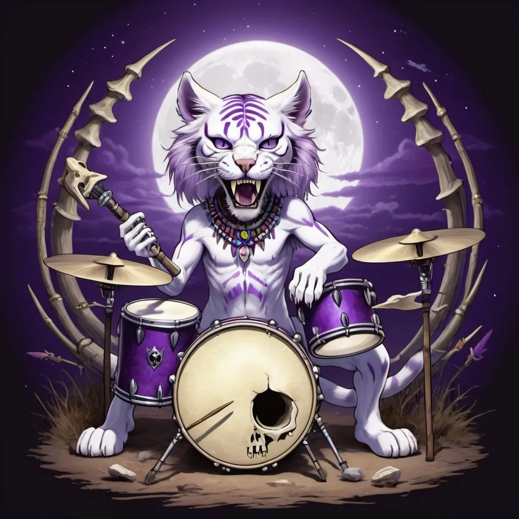 Prompt: A cat with a a purple saber tooth tiger skull white main named Mungkie Bonez playing the drums with femur bones in a tribal circle rocking out in the moonlight 