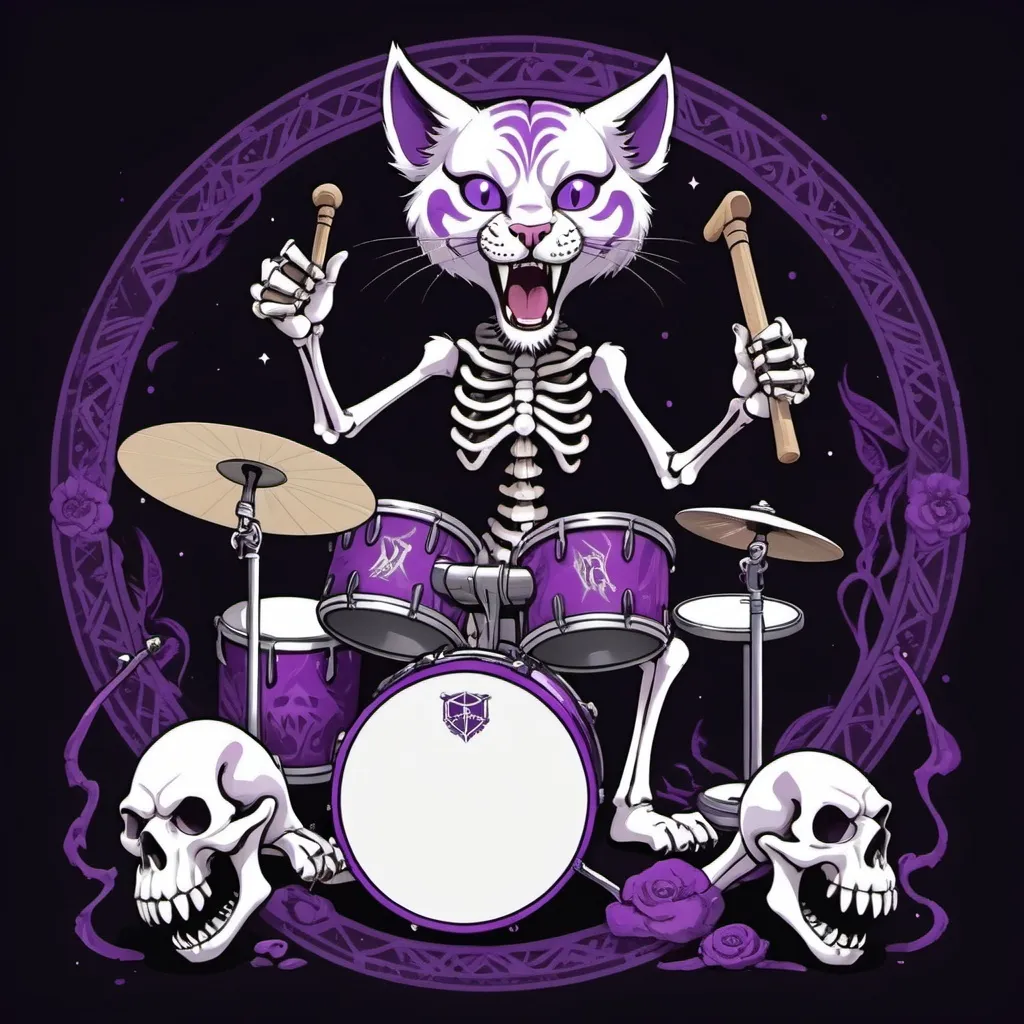 Prompt: A cat with a a purple saber tooth tiger skull white main named Mungkie Bonez playing the drums with femur bones in a tribal circle rocking out in the moonlight 