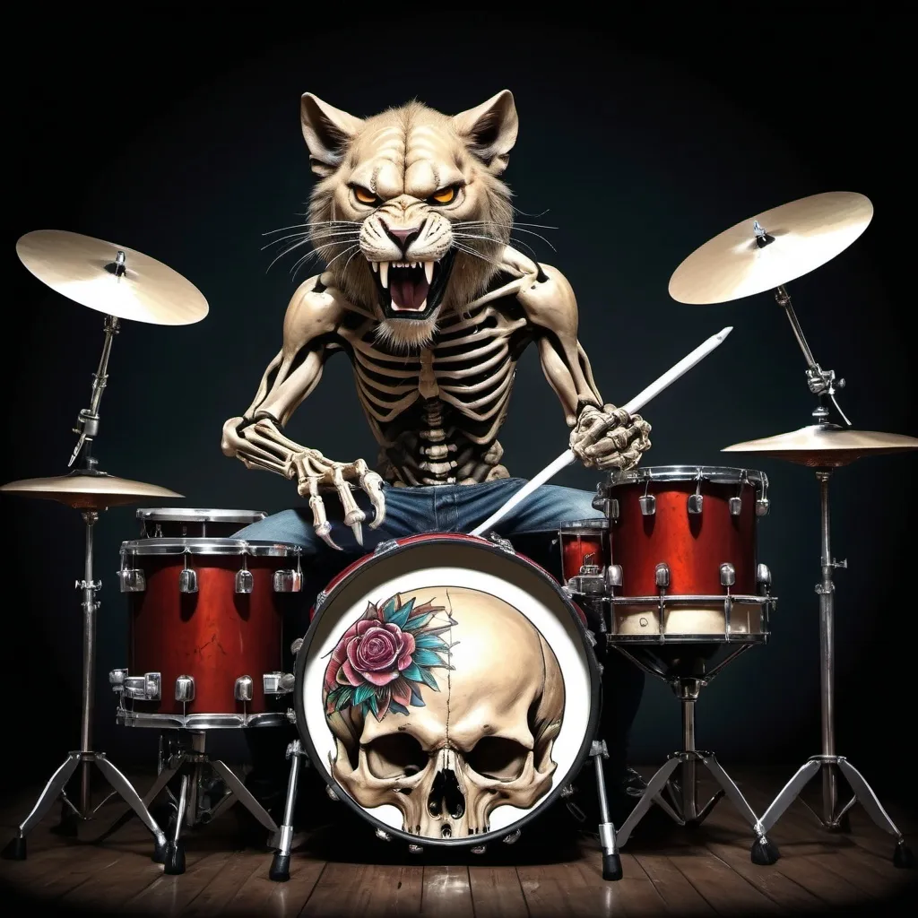 Prompt: I am mungkie bonez a cat with a sabertoothed lion skull for a mask tattoo machine in my pocket drumsticks in my hands sitting behind a drum set made of skulls