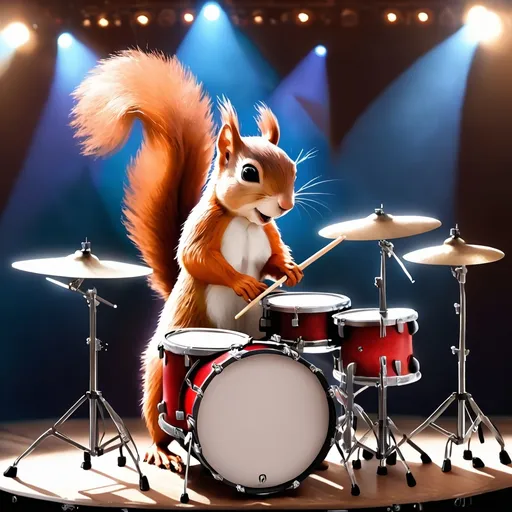 Prompt: male squirrel playing drums on stage