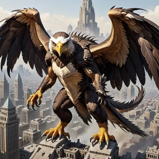 Prompt: Create a massive 400 foot eagle and lizard hybrid with legs and clawed arms destroying a city