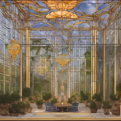 Prompt: Technical drawing from the inside of a magnificent orangerie with stained glass windows illuminated by lanterns in the formation of the Pleiades where God, Nature, Humanity, and AI are enjoying tea and discussing the unifying beauty of aligning the Golden Ratio with Polaris.