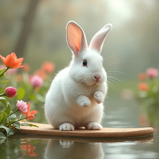 Prompt: a white rabbit jumping on a paddle, surrounded with pretty flowers