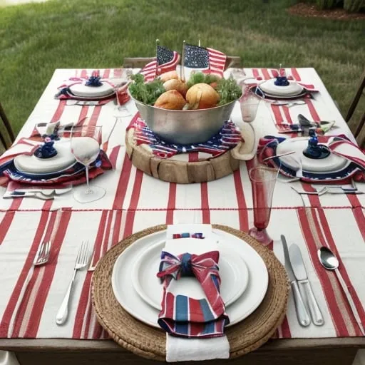 Prompt: 16:9 ratio iamge-Create an outdoor table setting for 4th of July celebration with picture focus on the Kitchen towels top view angle