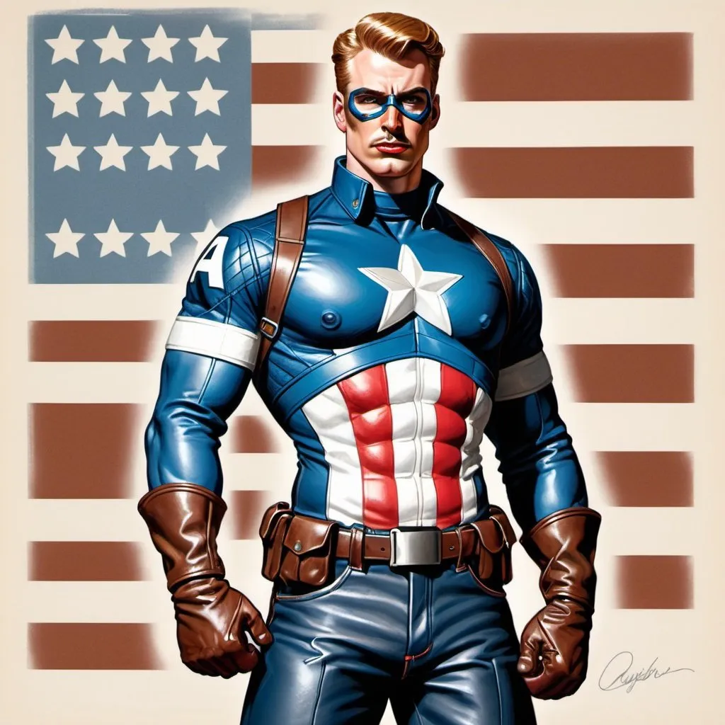 Prompt: Tom of Finland style drawing of Captain America. Full body picture, large buldge in leather pants. 