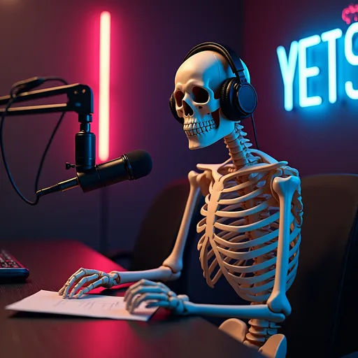 Prompt: Crie um esqueleto humano sentado em uma mesa dando entrevista de pod cast o mesmo está a frente de um microfone e usa fomes de ouvidos . O cenario é de um pod casta moderno com iluminaçao neon

