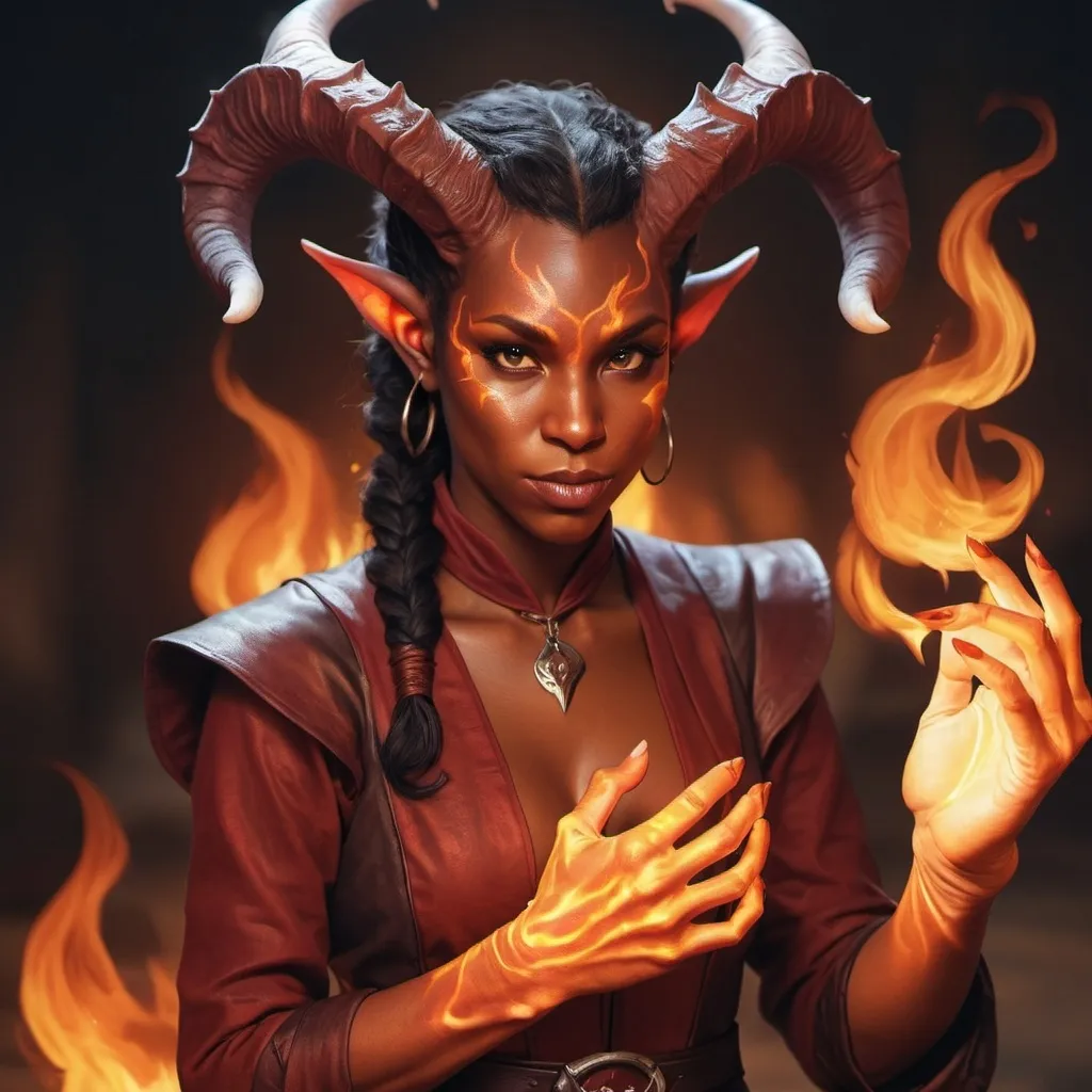 Prompt: hyper-realistic Tiefling character with fire hands, fantasy character art, illustration, dnd, warm tone