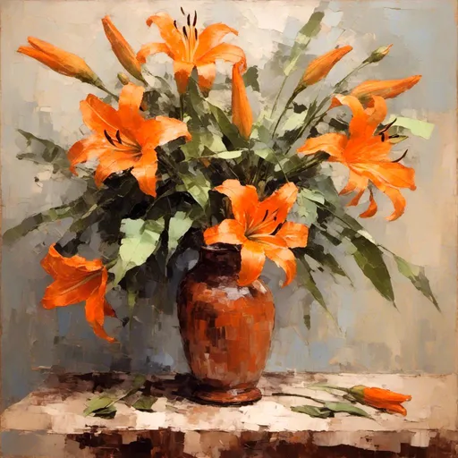 Prompt: <mymodel> still life with orange lilies and leaves in a tall terracotta vase