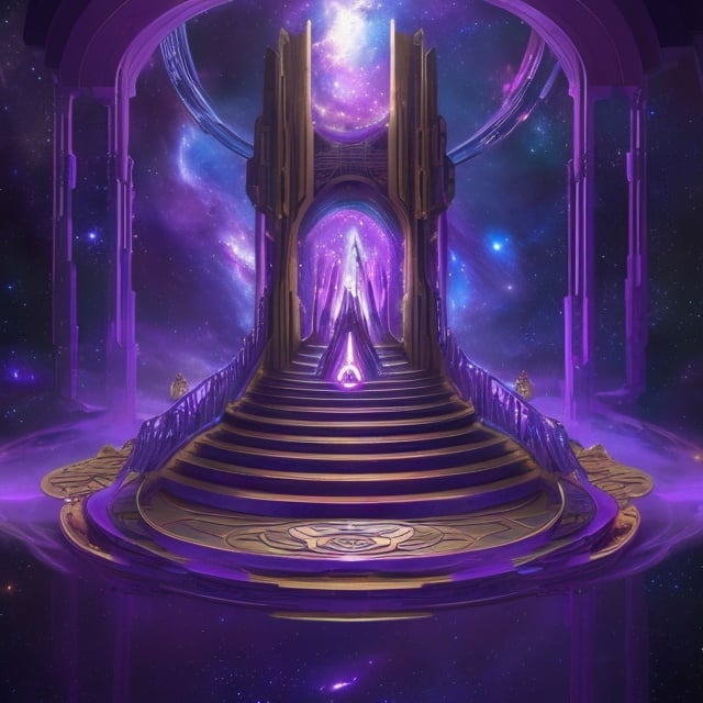 Prompt: a space themed lake place where a space goddess would be with some stairs that lead down to heaven, and in front of those stairs is a big purple metallic gate (like the golden gates but purple), and a purple and gold throne in the center w some stars surrounding the place and small spiral galaxies everywhere and a gigantic throne