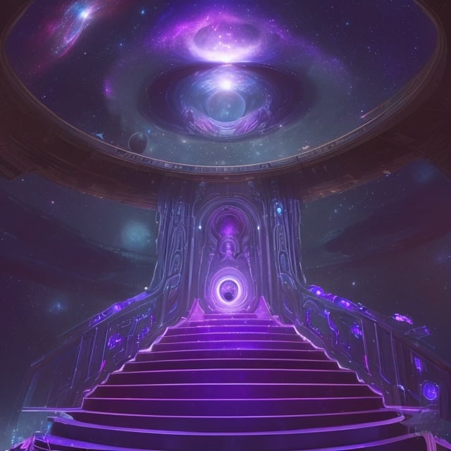 Prompt: a space themed lake place where a space goddess would be with some stairs that lead down to heaven, and in front of those stairs is a big purple metallic gate (like the golden gates but purple), and a purple and gold throne in the center w some stars surrounding the place and small spiral galaxies everywhere and a gigantic throne