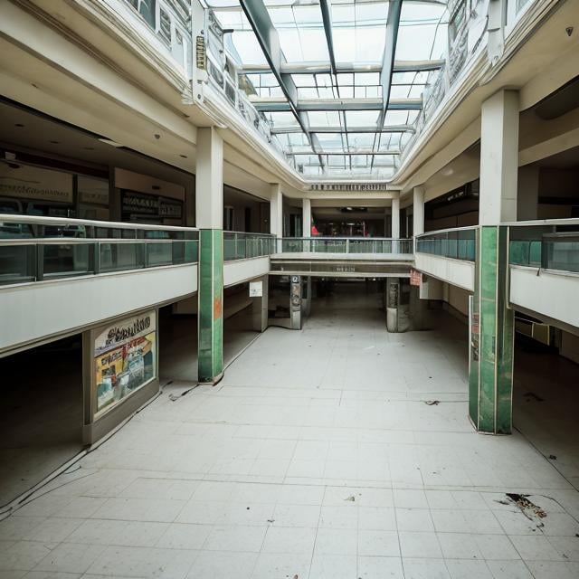 Prompt: a small abandoned mall that's not very well lighted. the fluorescent lights are buzzing, and some are flickering. the floor's dirty, the walls are almost collapsing, the stores are empty except for some with knocked-over chairs and bookshelves. there's two chairs and a coffee table in the middle, and the overall mall layout looks like a plus. there are stores in every corner, and there are some plants. the mall reeks of age. liminal, abandoned, nostalgia