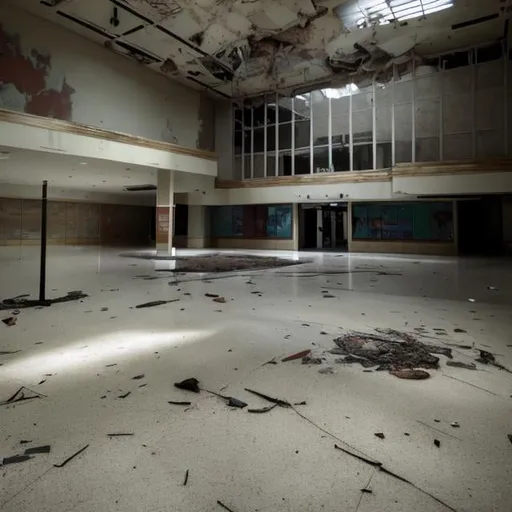 Prompt: a small abandoned mall that's not very well lighted. the fluorescent lights are buzzing, and some are flickering. the floor's dirty, the walls are almost collapsing, the stores are empty except for some with knocked-over chairs and bookshelves