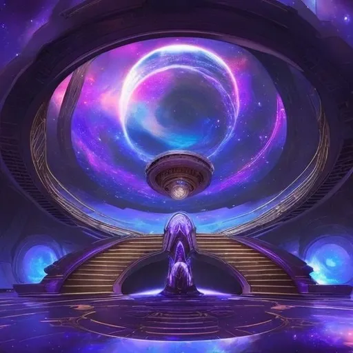 Prompt: a space themed lake place where a space goddess would be with some stairs that lead down to heaven, and in front of those stairs is a big purple metallic gate (like the golden gates but purple), and a purple and gold throne in the center w some stars surrounding the place and small spiral galaxies everywhere