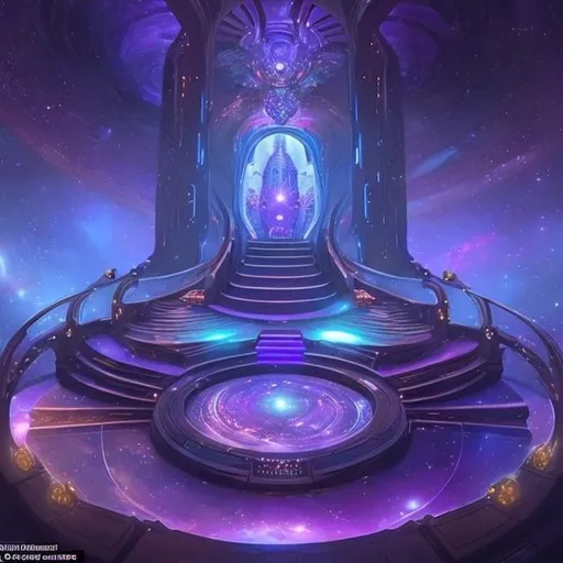 Prompt: a space themed lake place where a space goddess would be with some stairs that lead down to heaven, and in front of those stairs is a big purple metallic gate (like the golden gates but purple), and a purple and gold throne in the center w some stars surrounding the place and small spiral galaxies everywhere