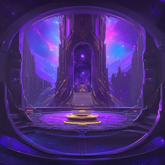 Prompt: a space themed lake place where a space goddess would be with some stairs that lead down to heaven, and in front of those stairs is a big purple metallic gate (like the golden gates but purple), and a purple and gold throne in the center w some stars surrounding the place and small spiral galaxies everywhere and a gigantic throne