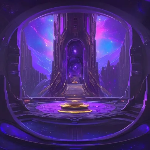 Prompt: a space themed lake place where a space goddess would be with some stairs that lead down to heaven, and in front of those stairs is a big purple metallic gate (like the golden gates but purple), and a purple and gold throne in the center w some stars surrounding the place and small spiral galaxies everywhere and a gigantic throne