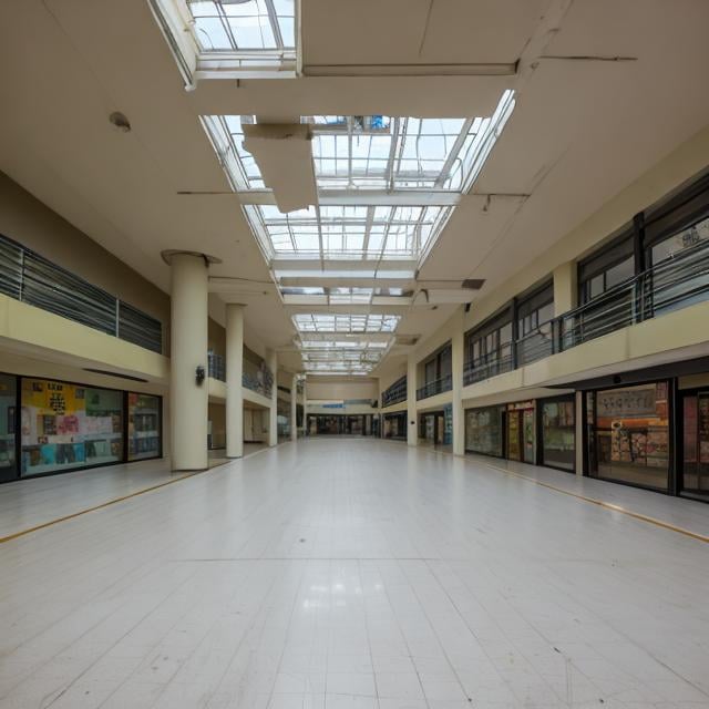 Prompt: a small abandoned mall that's not very well lighted. the fluorescent lights are buzzing, and some are flickering. the floor's dirty, the walls are almost collapsing, the stores are empty except for some with knocked-over chairs and bookshelves. there's two chairs and a coffee table in the middle, and the overall mall layout looks like a plus. there are stores in every corner, and there are some plants. the mall reeks of age. liminal, abandoned, nostalgia. there's no windows. the sky is black. its very poorly lighted.