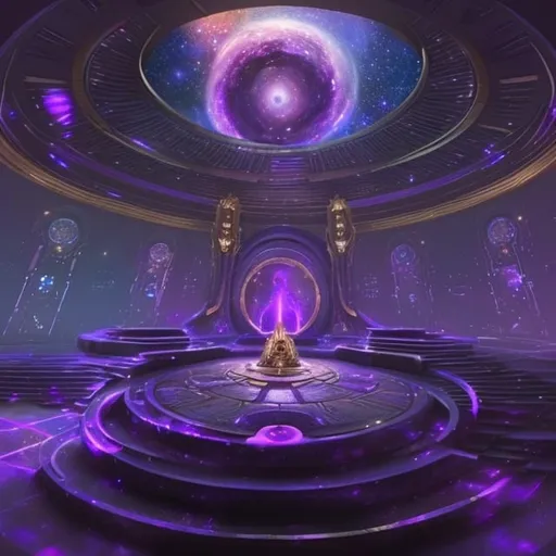 Prompt: a space themed lake place where a space goddess would be with some stairs that lead down to heaven, and in front of those stairs is a big purple metallic gate (like the golden gates but purple), and a purple and gold throne in the center w some stars surrounding the place and small spiral galaxies everywhere and a gigantic throne
