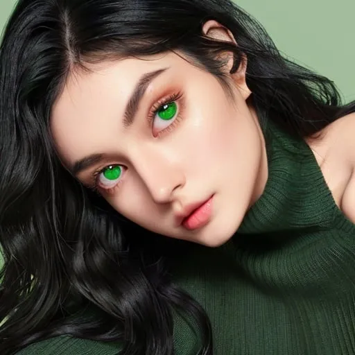 Prompt: girl with  medium wavy black hair and beautiful green eyes, soft face structure, medium skin, green sweater