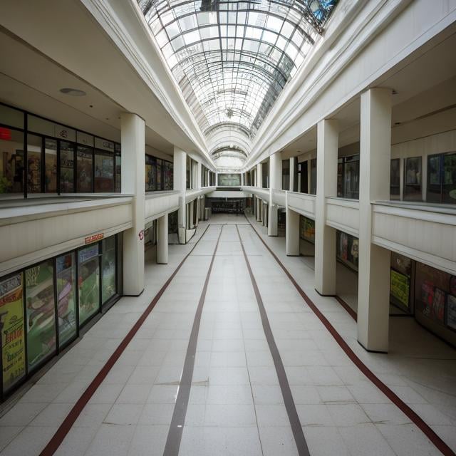 Prompt: a small abandoned mall that's not very well lighted. the fluorescent lights are buzzing, and some are flickering. the floor's dirty, the walls are almost collapsing, the stores are empty except for some with knocked-over chairs and bookshelves. there's two chairs and a coffee table in the middle, and the overall mall layout looks like a plus. there are stores in every corner, and there are some plants. the mall reeks of age. liminal, abandoned, nostalgia