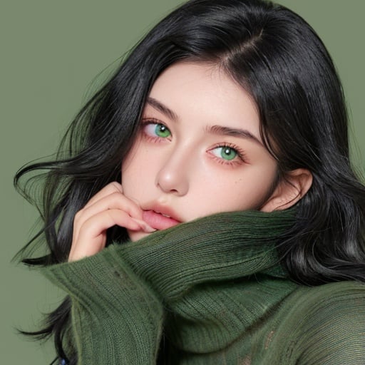 Prompt: girl with  medium wavy black hair and beautiful green eyes, soft face structure, medium skin, green sweater